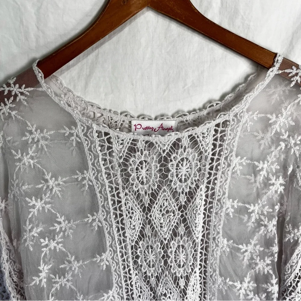 Pretty Angel Women S M Shirt Lace Sheer Mesh Fringe Pinkish White Fairy Coquette